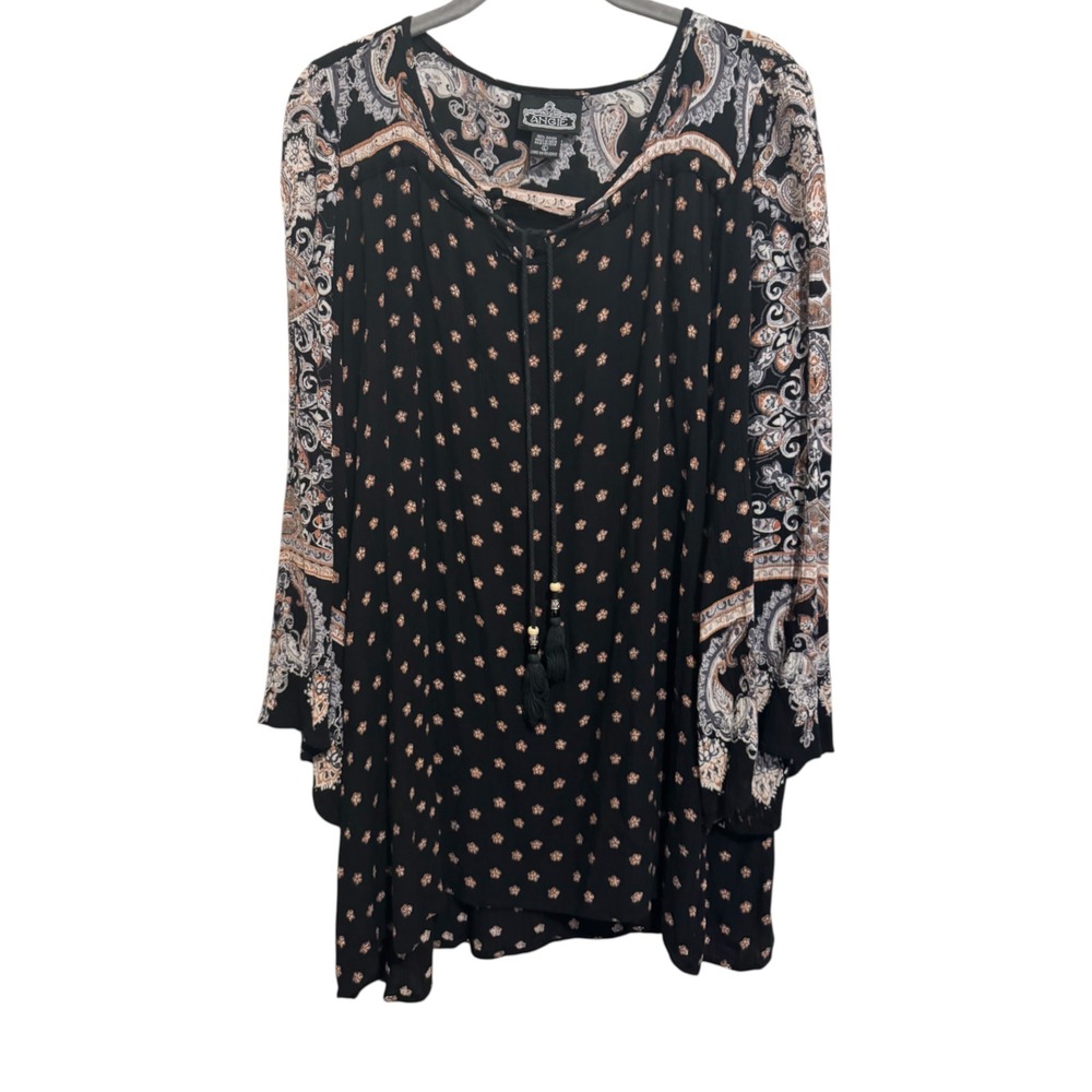 Angie Boho Blouse Women's Size Large Black Floral Tassel Whimsigoth Festival Top - Picture 2 of 9
